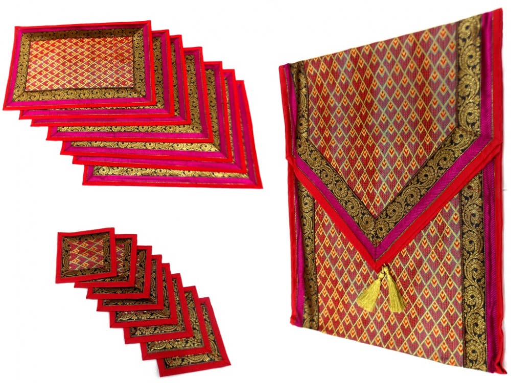 Indian Silk Table Runner with 6 Placemats & 6 Coaster in Red Color Size 16x62